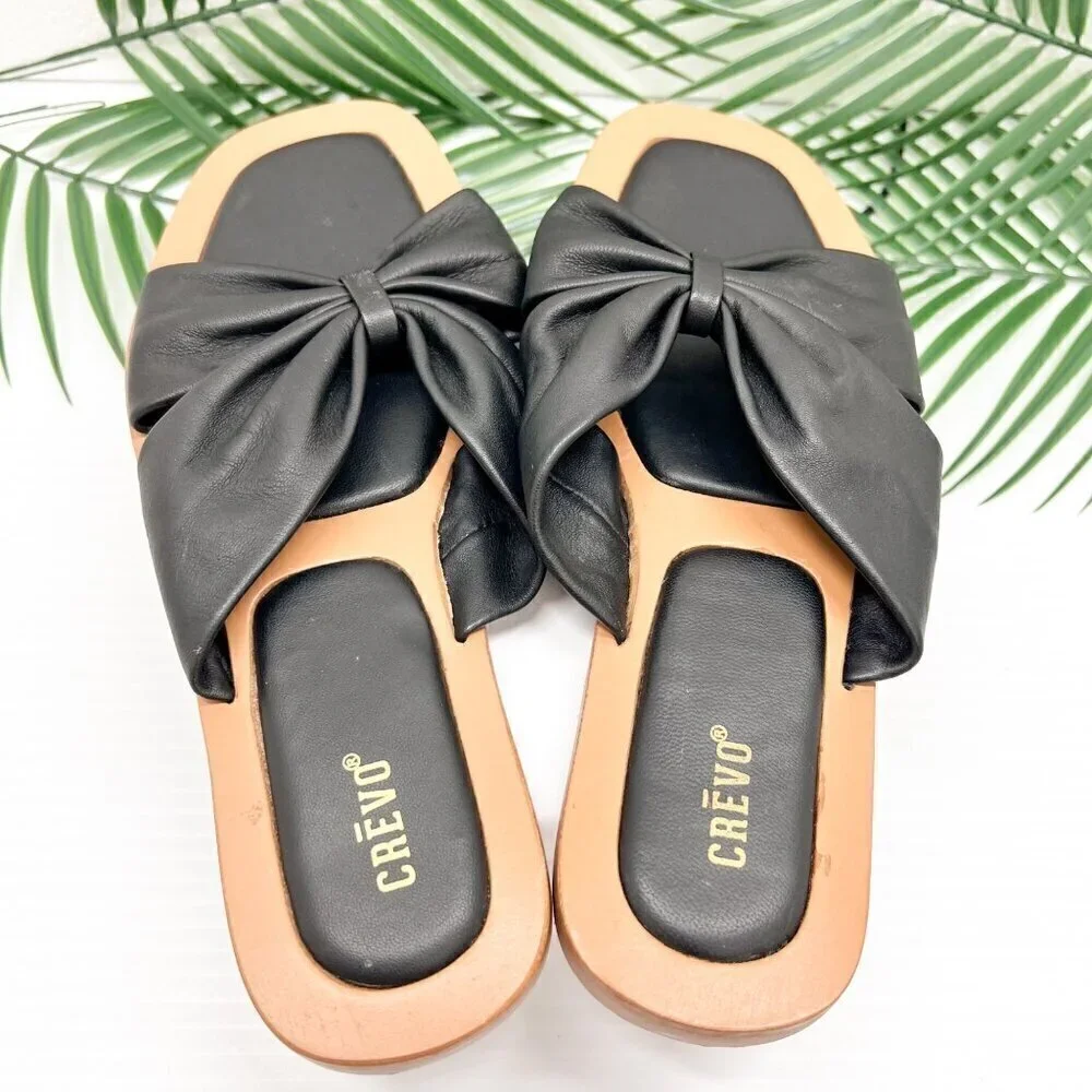 CREVO Kitty Bow Leather Slide Sandal Size 6 Black Square Open Toe Flats